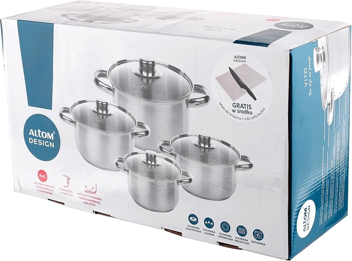 Ensemble De Casseroles 8 Pièces Altom Design Vito Avec Planche à Découper Bio Et Couteau De Chef Gratuits - Casserole - Acier Inoxydable - 8 Pièces - Ø 14/16/18/22 Cm - Convient à Toutes Les Sources De Chaleur - Argent 2 Ensemble De Casseroles 8 Pièces Altom Design Vito Avec Planche à Découper Bio Et Couteau De Chef Gratuits - Casserole - Acier Inoxydable - 8 Pièces - Ø 14/16/18/22 Cm - Convient à Toutes Les Sources De Chaleur - Argent – Image 2
