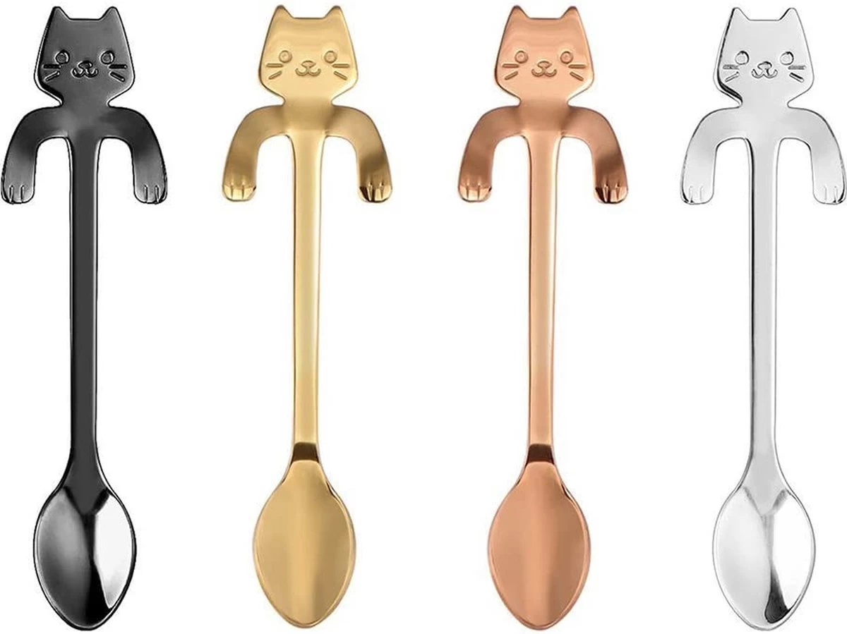 Café Ou Cuillère En Acier Inoxydable Avec Tête De Chat à Accrocher à La Tasse, Polie Des Deux Côtés 4 Cuillères 1 Café Ou Cuillère En Acier Inoxydable Avec Tête De Chat à Accrocher à La Tasse, Polie Des Deux Côtés 4 Cuillères