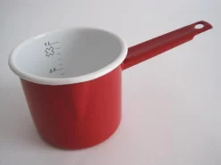 Casserole En émail Avec Indication De La Taille Et Bec Verseur - Ø 12 Cm - 1 Litre - Rouge Moucheté