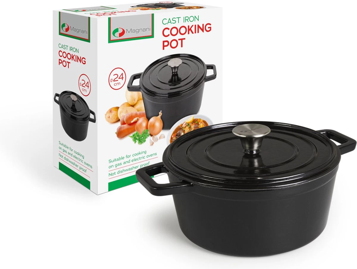 Magnani Cocotte En Fonte - Poêle à Mijoter Ronde - Marmite Émaillée - Avec Couvercle Et Anses - Zwart - Antiadhésif - ⌀ 24 X 10,5 Cm 1 Magnani Cocotte En Fonte - Poêle à Mijoter Ronde - Marmite Émaillée - Avec Couvercle Et Anses - Zwart - Antiadhésif - ⌀ 24 X 10,5 Cm