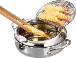 Friteuse En Acier Inoxydable Avec Thermomètre - 3,2 L - Égouttoir à Huile Et Couvercle - Friteuse De Style Japonais - Friteuse Tempura Pour Tempura - Frites - Steak De Poulet