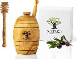 Pot à Miel De Haute Qualité Avec Cuillère, Pot à Miel, Fait à La Main à Partir De Bois D'olivier Exclusif, Verre à Miel. 12x8cm.