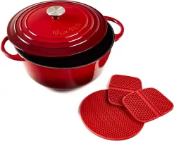 Poêle En Fonte émaillée - Grande Poêle En Fonte D'une Capacité De 5,6 Litres - Poêle Allant Au Four, Avec Maniques Et Dessous De Plat En Silicone