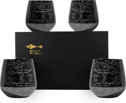 Sky Fish Verres à Vin En Acier Inoxydable – Etch Lot De 4 Gobelets à Cocktail Sans Pied, Tasses à Vin Noir, Lavage à La Main Uniquement.