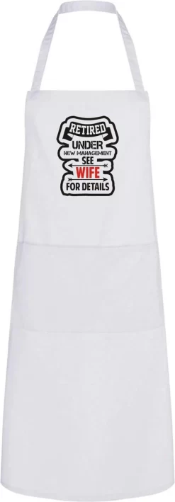 Roly Retraité Sous Une Nouvelle Direction ... Voir Sa Femme Pour Plus De Détails | Taille Unique | Blanc | Tablier De Cuisine