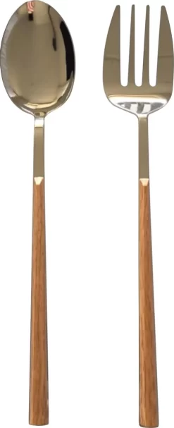 Couverts à Salade 2 Pièces - Passe Au Lave-vaisselle - Couverts à Salade - Couverts à Salade - Couverts à Salade - Pinces à Salade - Acier Inoxydable - Brillant - Bois - 30 Cm