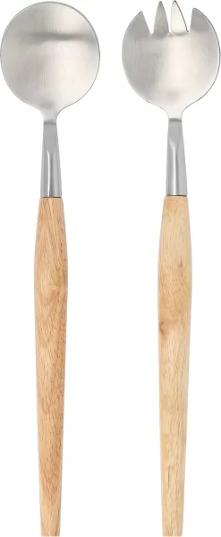 Couverts à Salade Krumble - Set De 2 - Couverts à Salade - Cuillères à Salade - Service à Salade - Fourchette Et Cuillère à Salade - Ustensiles De Cuisine - 2 Pièces - Bois - Acier Inoxydable - Marron - Argent - 29 Cm