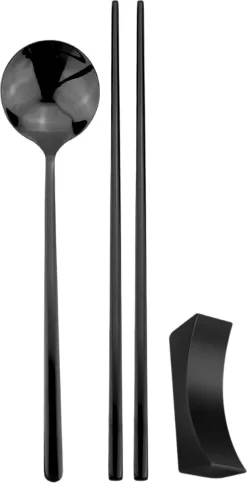 House Of Husk Set De Baguettes Pour 1 Personne - 1 Paire De Baguettes Coréennes En Métal - Y Compris Cuillère Et Support - Acier Inoxydable - Métal - Baguettes - Coréen - Passe Au Lave-vaisselle - Baguettes à Sushi - Nouilles - Zwart