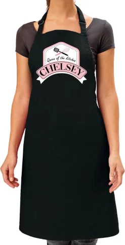 Cadeau Prénom Chelsey - Tablier De Cuisine Queen Of The Kitchen / Tablier Barbecue Noir - Dames / Femmes - Cadeau Fête Des Mères / Anniversaire