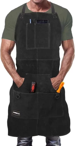 Tablier De Soudure En Cuir Avec 6 Poches Pour Homme. Tablier D'atelier Heavy Duty Pour Soudeurs Et Forgerons. Résistant à La Chaleur Et Aux Flammes Cousu En Kevlar - Marron Foncé
