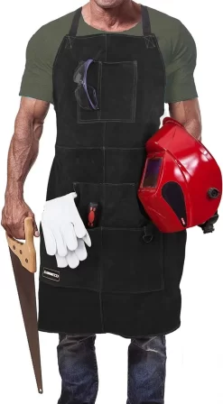 Tablier De Soudure En Cuir Avec 6 Poches Pour Homme. Tablier D'atelier Heavy Duty Pour Soudeurs Et Forgerons. Résistant à La Chaleur Et Aux Flammes Cousu En Kevlar - Marron Foncé -Fournitures De Cuisine Boutique 661x1200 1