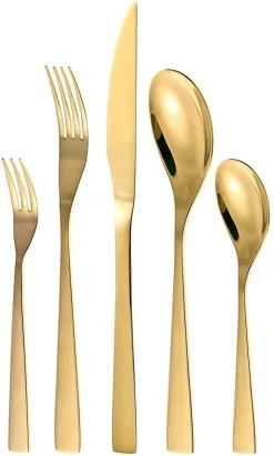 Couverts Or Pour 6 Personnes, Couverts Dîner 30 Pièces, Acier Inoxydable Plaqué Or Titane Et Poli Brillant, Épaisseur 4 Mm Et Couteau à Steak. Une Ménagère Moderne Pour 6 Personnes