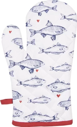 Clayre & Eef Gant De Four 18x30 Cm Wit Blauw Katoen Pêche Four Gant Cadeau Pour Elle