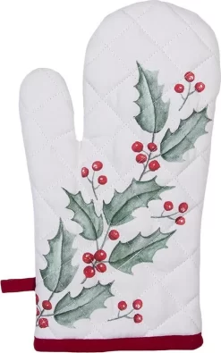 Gants De Cuisine Clayre & Eef 16*30 Cm Wit, Feuilles De Houx En Katoen Rouge Gants De Cuisine