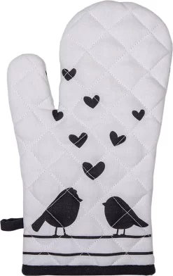 Gant De Cuisine Clayre & Eef 18*30 Cm Wit, Zwart Katoen Oiseaux Gant De Cuisine Gants De Cuisine