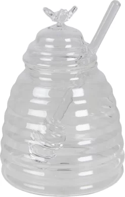 Clayre & Eef Pot à Miel Avec Cuillère Ø 10*14 Cm / 450 Ml Glas Transparent Avec Bocal De Rangement Couvercle Bocal De Rangement Bocal De Rangement