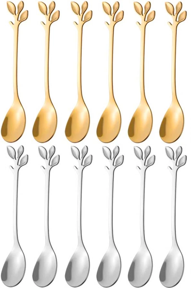 12 Pièces - Set De Cuillères à Café En Acier Inoxydable - Motif Feuille - Cuillères à Dessert - Set De Cuillères à Café Design - Cuillères à Dessert - Acier - 12,5cm - Or / Argent 1 12 Pièces - Set De Cuillères à Café En Acier Inoxydable - Motif Feuille - Cuillères à Dessert - Set De Cuillères à Café Design - Cuillères à Dessert - Acier - 12,5cm - Or / Argent