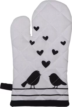Clayre & Eef Gant De Cuisine Enfant 12*21 Cm Wit, Zwart 100% Katoen Hartjes/Oiseaux Gant De Cuisine Gants De Cuisine