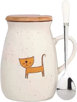 TuYines Tasse à Café Avec Couvercle Chat Tasse Cappuccino Tasse à Café En Céramique Avec Cuillère 380 Ml Tasse Drôle Lait Café Style D