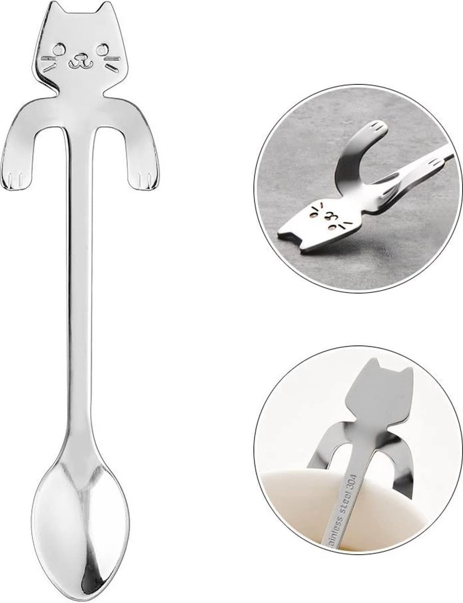 Café Ou Cuillère En Acier Inoxydable Avec Tête De Chat à Accrocher à La Tasse, Polie Des Deux Côtés 4 Cuillères 9 Café Ou Cuillère En Acier Inoxydable Avec Tête De Chat à Accrocher à La Tasse, Polie Des Deux Côtés 4 Cuillères – Image 9