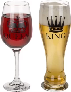Ensemble Verre à Vin Et Verre à Bière King And Queen - Verres à Vin / Verres à Bière - Pour Lui Et Elle - Cadeau De Mariage