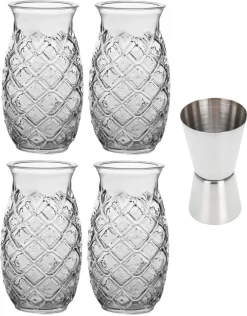 4x Verres à Verres à Cocktail Transparents 505 Ml Pina Colada - Avec Gobelet Doseur / Bar Taille 2-en-1 15/30 Ml