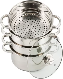 Cuiseur à Vapeur - Cuiseur à Vapeur Pour Riz Et Légumes 5 Pièces - Ø 24 Cm - Acier Inoxydable Avec Couvercle En Verre - FIRENZE